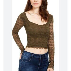 Guess Womens Olive Green Lace Long-Sleeve Crop Top, Y2K, COQUETTE, BOHO, XS